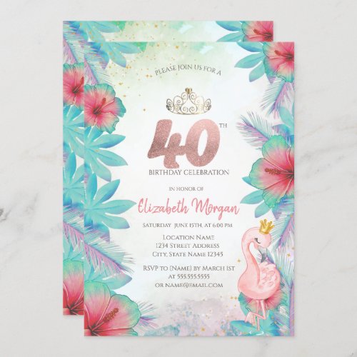 Tropical Palm Leaves Hibiscus Pink Flamingo 40th Invitation