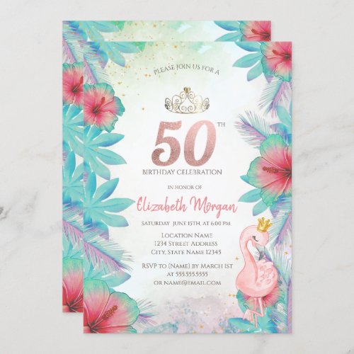 Tropical Palm Leaves Hibiscus Pink Flamingo 50th Invitation