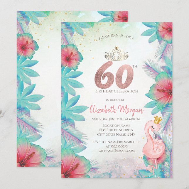 Tropical Palm Leaves Hibiscus Pink Flamingo 60th Invitation (Front/Back)