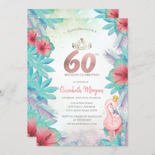 Tropical Palm Leaves Hibiscus Pink Flamingo 60th Invitation