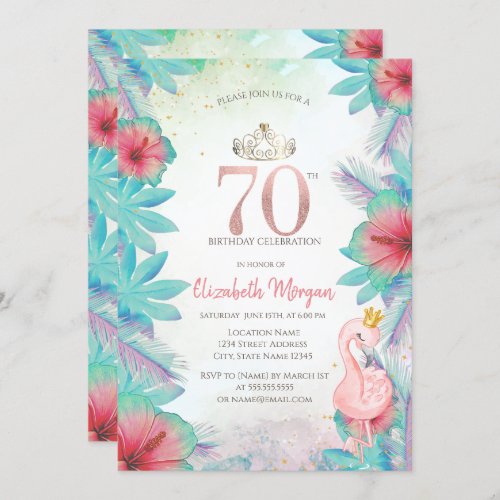 Tropical Palm Leaves Hibiscus Pink Flamingo 70th Invitation