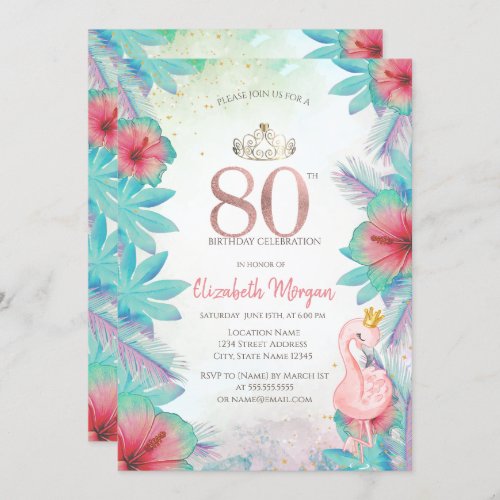 Tropical Palm Leaves Hibiscus Pink Flamingo 80th Invitation
