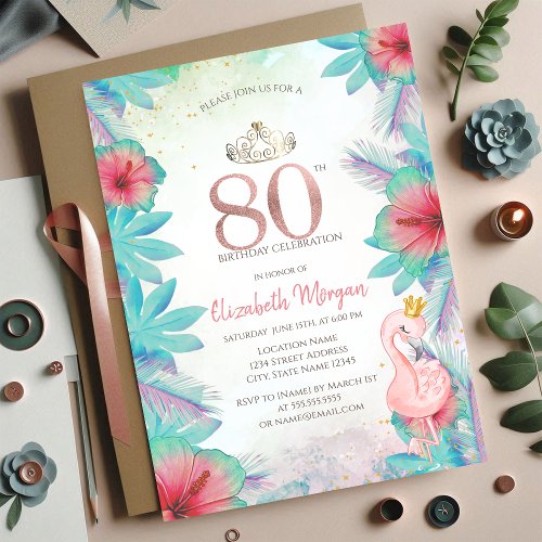 Tropical Palm Leaves Hibiscus Pink Flamingo 80th Invitation