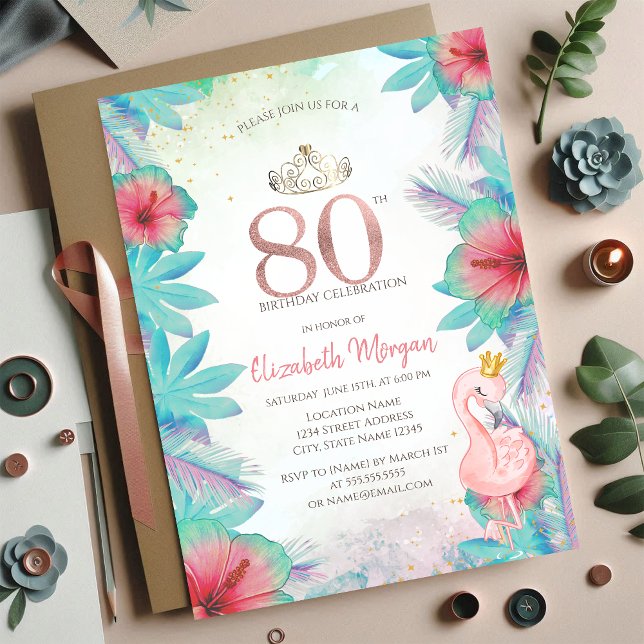 Tropical Palm Leaves Hibiscus Pink Flamingo 80th Invitation (Creator Uploaded)