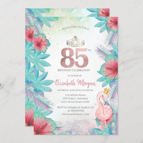 Tropical Palm Leaves Hibiscus Pink Flamingo 85th Invitation