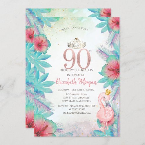 Tropical Palm Leaves Hibiscus Pink Flamingo 90th Invitation