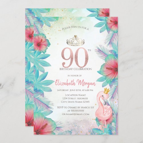 Tropical Palm Leaves Hibiscus Pink Flamingo 90th Invitation