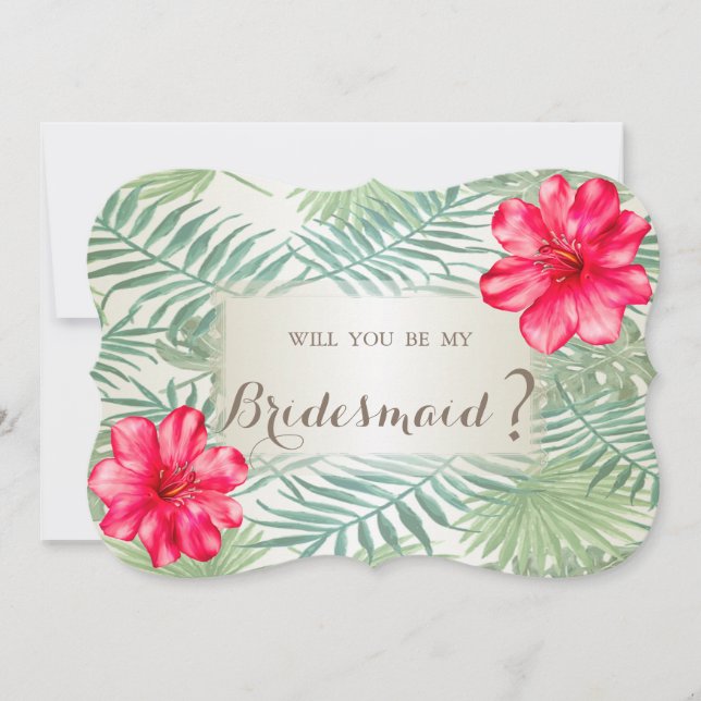 Tropical Palm Leaves ,Hibiskus    Bridesmaid Card (Front)