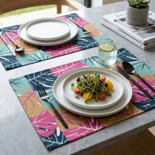 Tropical Palm Leaves in Pink & Blue    Cloth Placemat