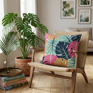 Tropical Palm Leaves in Pink & Blue Decorative Throw Pillow