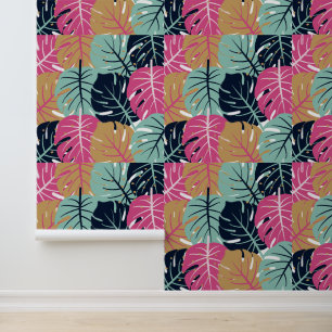 Tropical Palm Leaves in Pink & Blue Peel & Stick Wallpaper