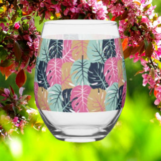 Tropical Palm Leaves in Pink & Blue | Stemless  Stemless Wine Glass