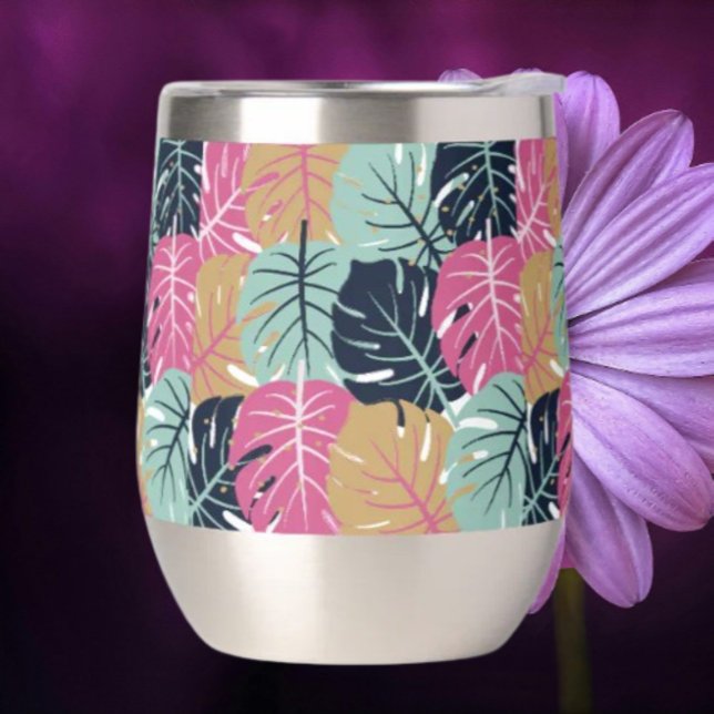 Tropical Palm Leaves in Pink & Blue |  Thermal Wine Tumbler (Creator Uploaded)