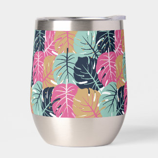 Tropical Palm Leaves in Pink & Blue |  Thermal Wine Tumbler
