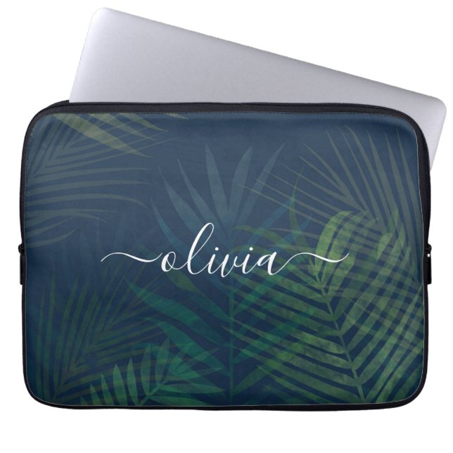 Tropical Palm Leaves Laptop Sleeve – Dark Green  (Front)