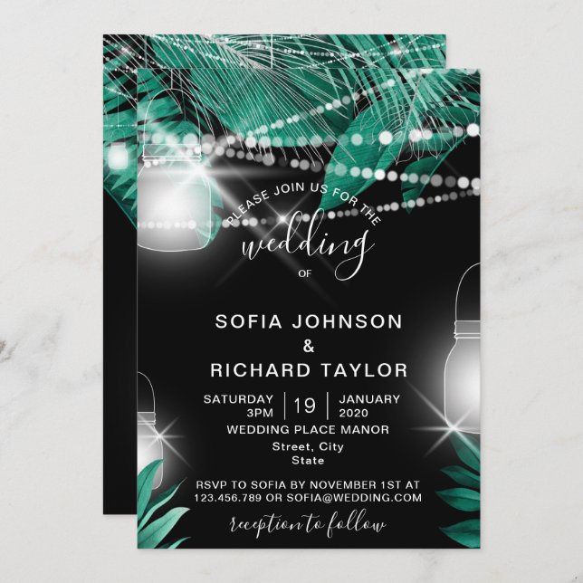 Tropical Palm Leaves Light Jar black Invitation (Front/Back)