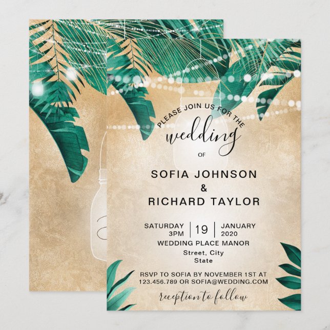 Tropical Palm Leaves Light Jar gold Invitation (Front/Back)