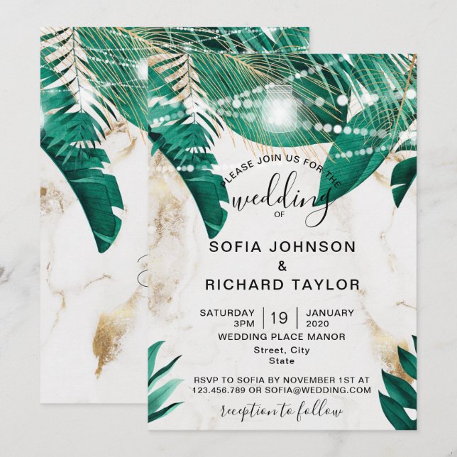 Tropical Palm Leaves Light Jar gold marble  Invitation (Front/Back)
