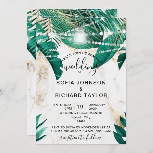 Tropical Palm Leaves Light Jar gold marble  Invitation