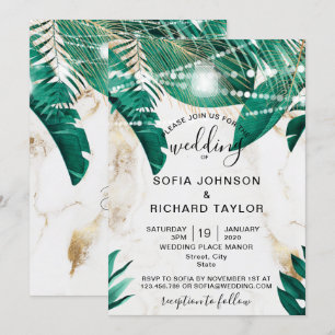 Tropical Palm Leaves Light Jar gold marble Invitation