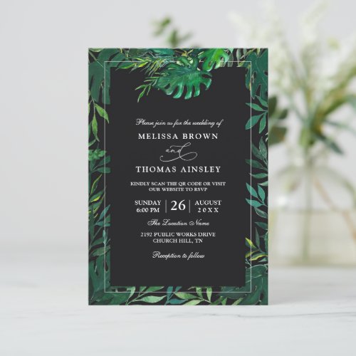 Tropical Palm Leaves Modern Budget QR Code Wedding Invitation