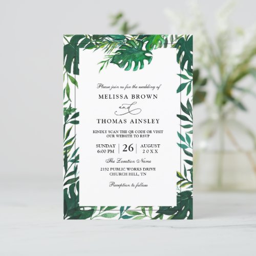 Tropical Palm Leaves Modern Budget QR Code Wedding Invitation