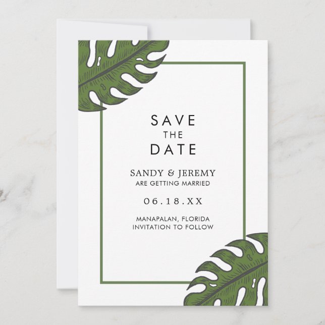 Tropical Palm Leaves Modern Wedding Save The Date (Front)