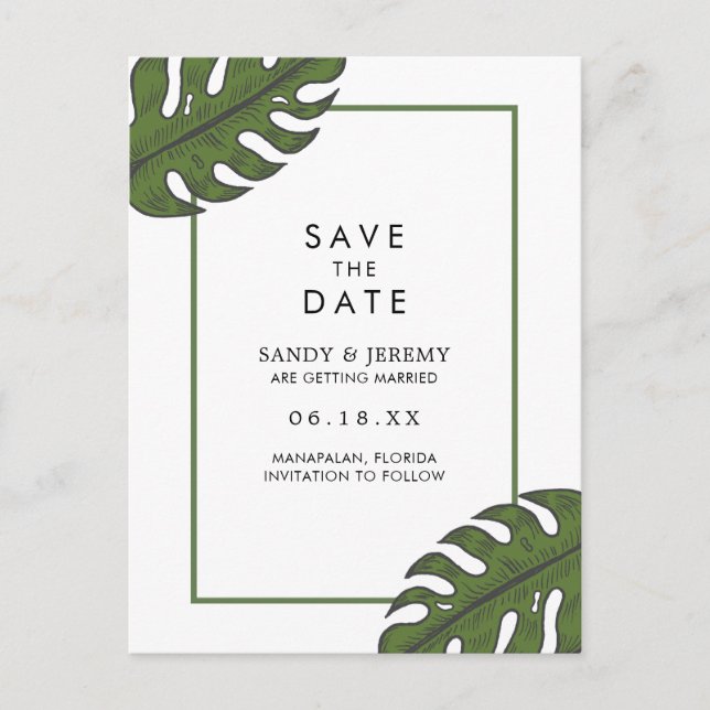 Tropical Palm Leaves Modern Wedding Save the Date Announcement Postcard (Front)