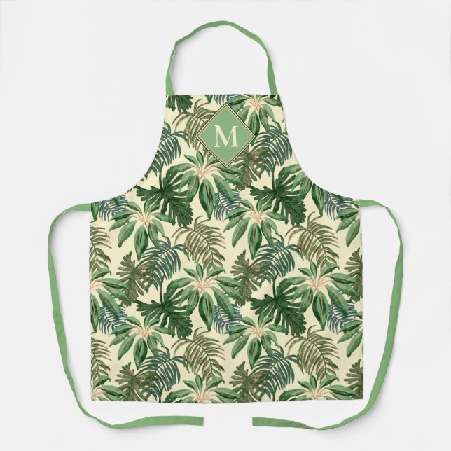 Tropical Palm Leaves Monogram Apron (Front)