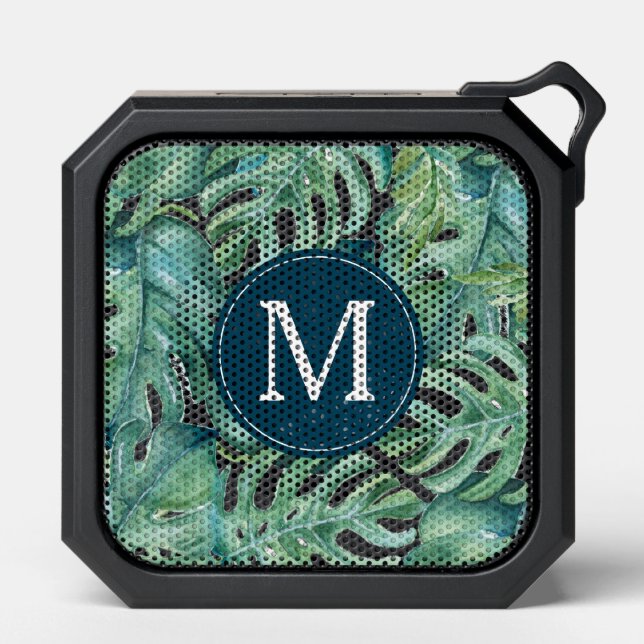 Tropical Palm Leaves Monogram Bluetooth Speaker (Front)