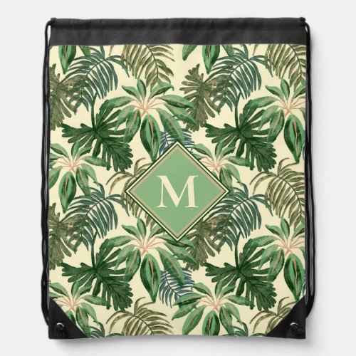 Tropical Palm Leaves Monogram Drawstring Bag