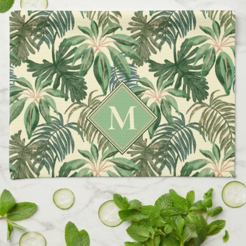 Tropical Palm Leaves Monogram Kitchen Towel