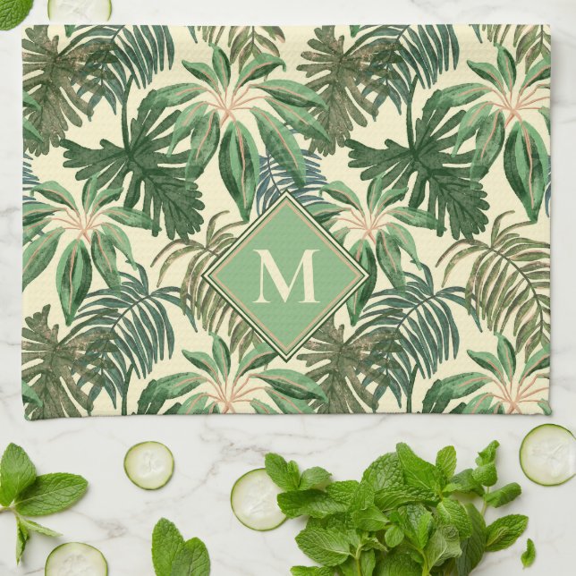 Tropical Palm Leaves Monogram Kitchen Towel (Folded)