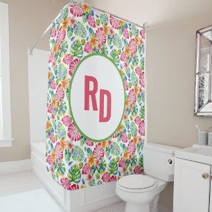 Tropical Palm Leaves Monogram pink green Shower Curtain