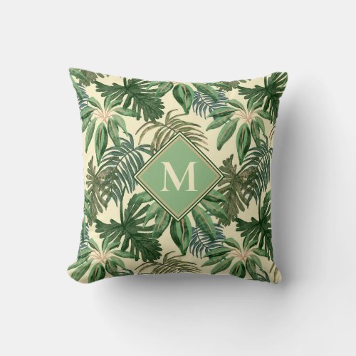 Tropical Palm Leaves Monogram Throw Pillow