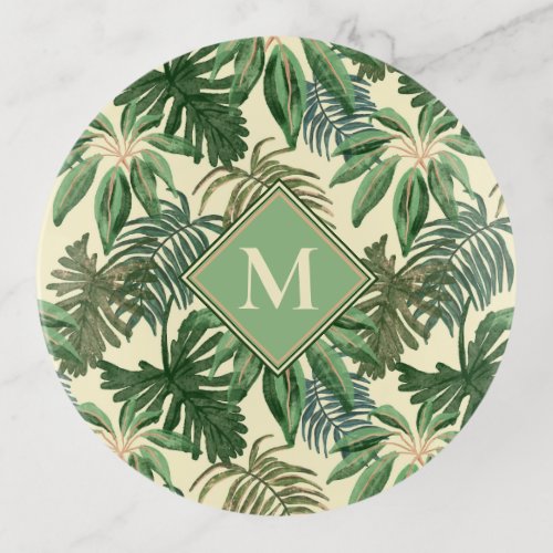 Tropical Palm Leaves Monogram Trinket Tray