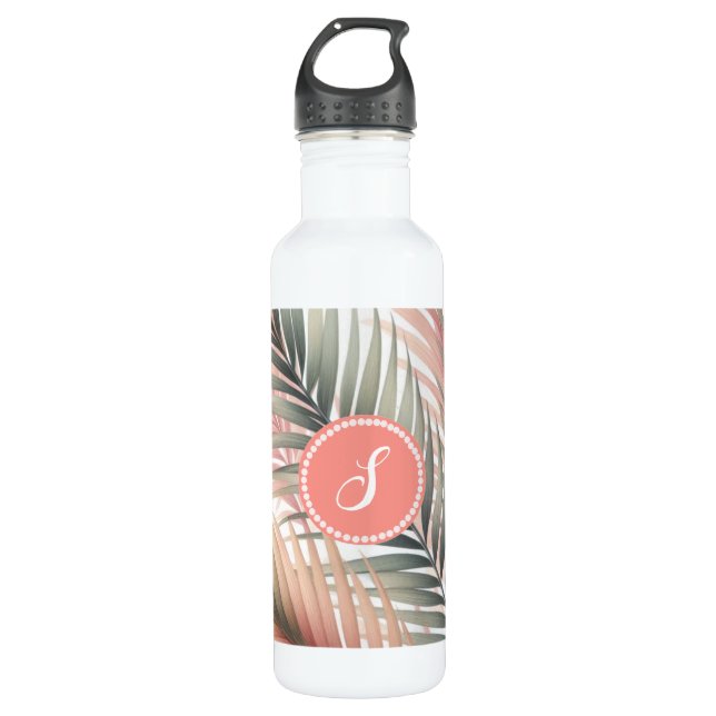 Tropical Palm Leaves Monogram Water Bottle (Front)