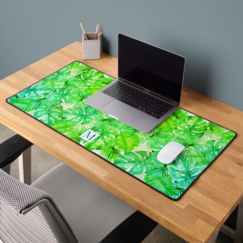 Tropical Palm Leaves Monogram Watercolor Desk Mat