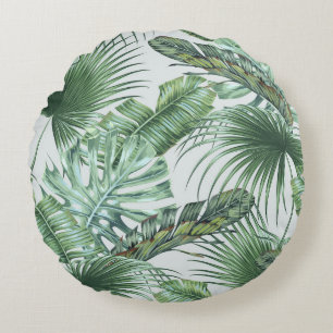 Tropical palm leaves, monstera, banana leaf, jungl round pillow
