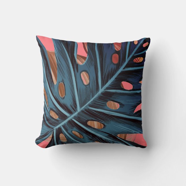 Tropical palm leaves monstera blue pink throw pillow (Front)