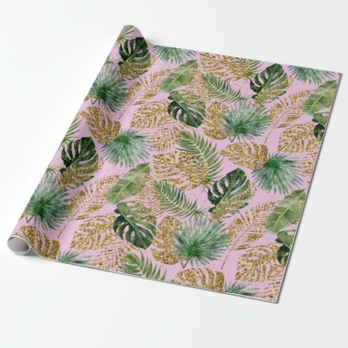 Tropical Palm Leaves Monstera Faux Gold Glitter Wrapping Paper