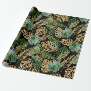 Tropical Palm Leaves Monstera Faux Gold Glitter Wrapping Paper