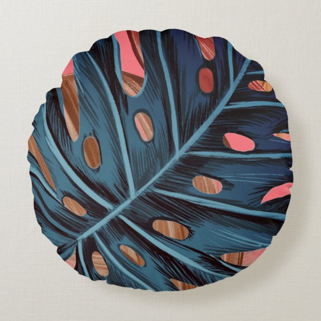 Tropical palm leaves monstera modern round pillow (Front)