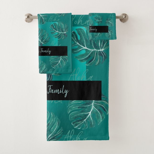 Tropical palm leaves name personalized modern bath towel set (Insitu)