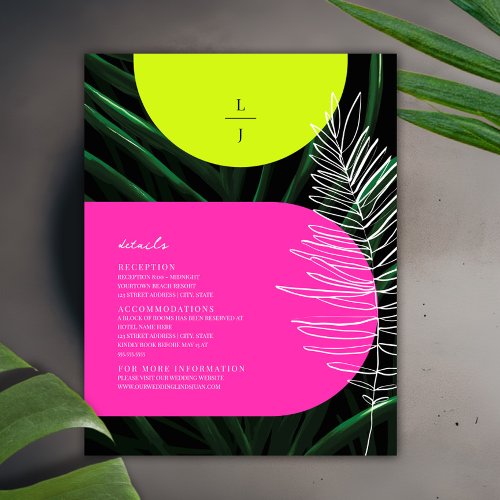 Tropical Palm Leaves Neon Arch Wedding Details Enclosure Card