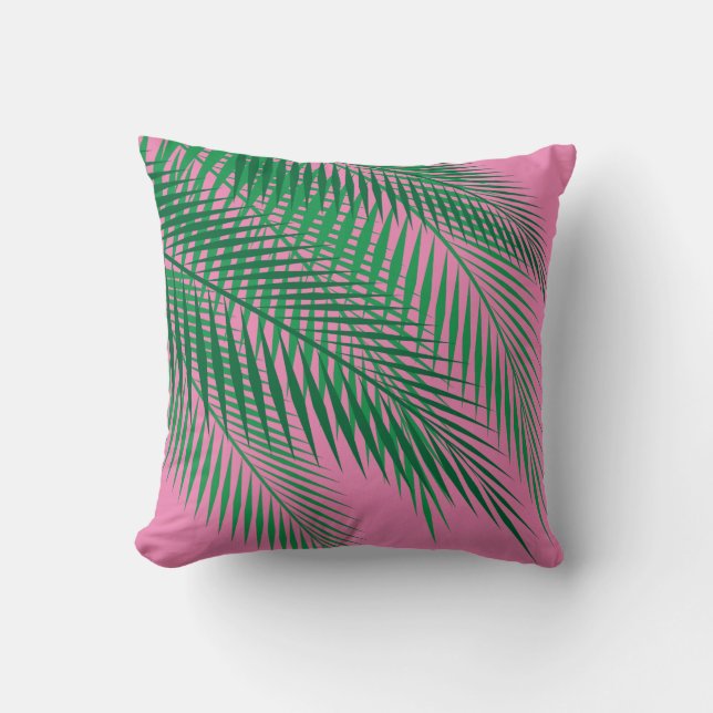 Tropical Palm Leaves on Pink Sky Throw Pillow (Front)