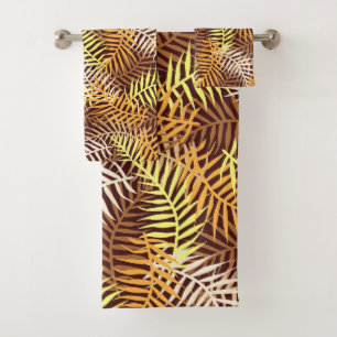 Tropical Palm Leaves Pattern Brown Yellow Fern Bath Towel Set