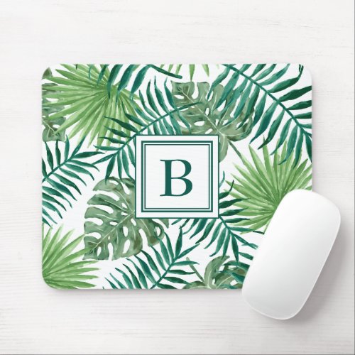 Tropical Palm Leaves Pattern Monogrammed Mouse Pad