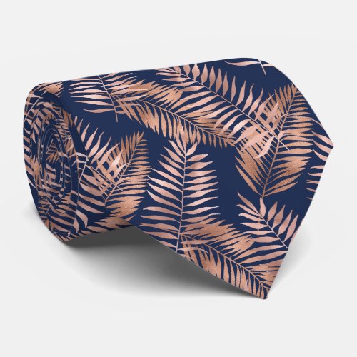 Tropical Palm Leaves Pattern Rose Gold Navy Blue Neck Tie