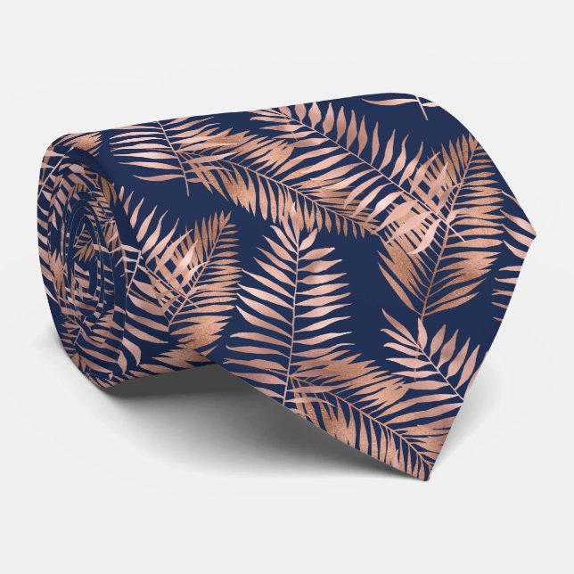 Tropical Palm Leaves Pattern Rose Gold Navy Blue Neck Tie (Rolled)